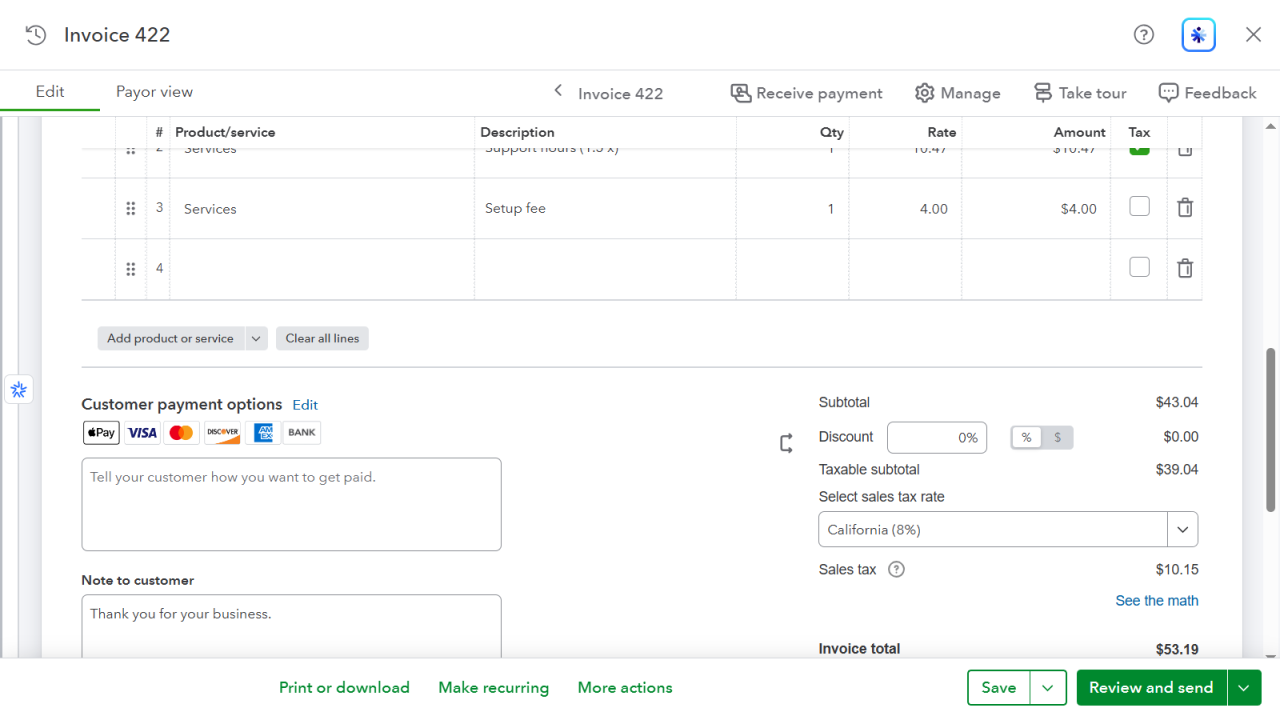 A Blesta invoice in QuickBooks Online