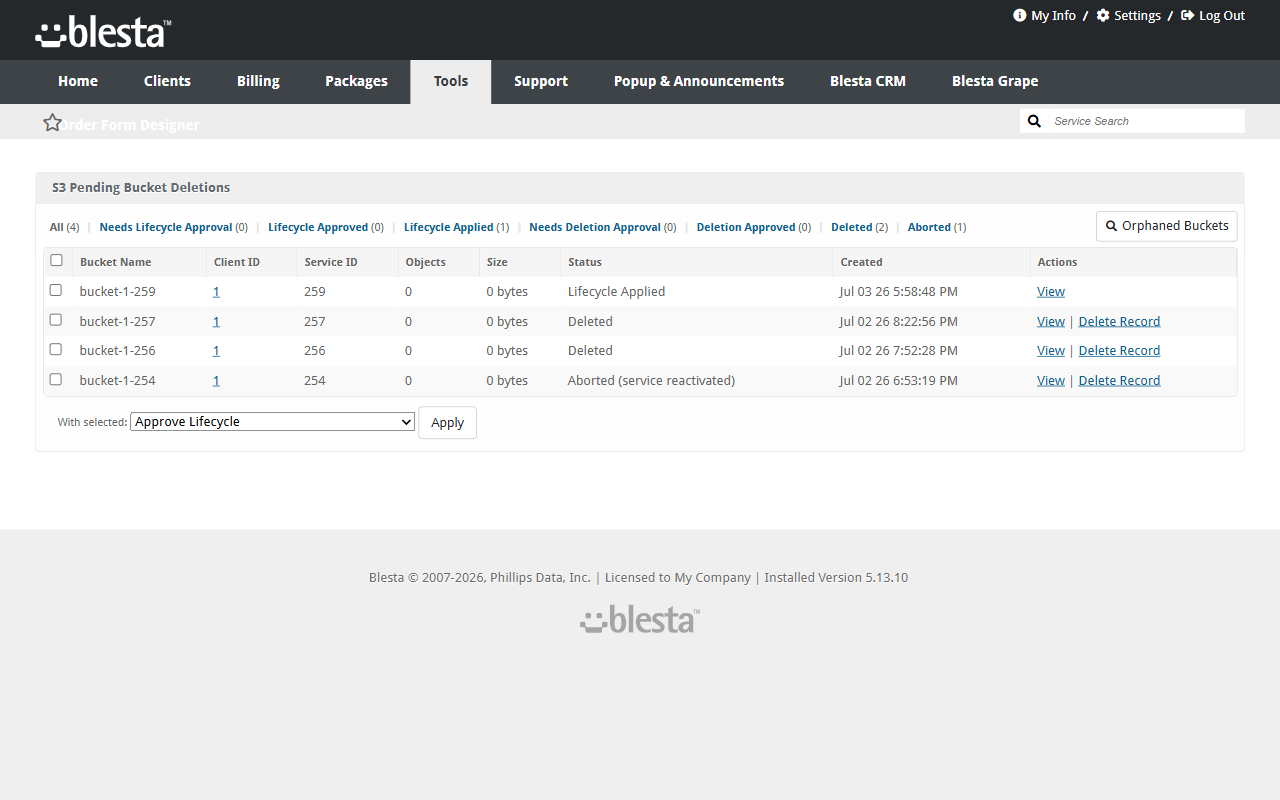 Admin staged bucket cleanup with lifecycle and deletion approval gates