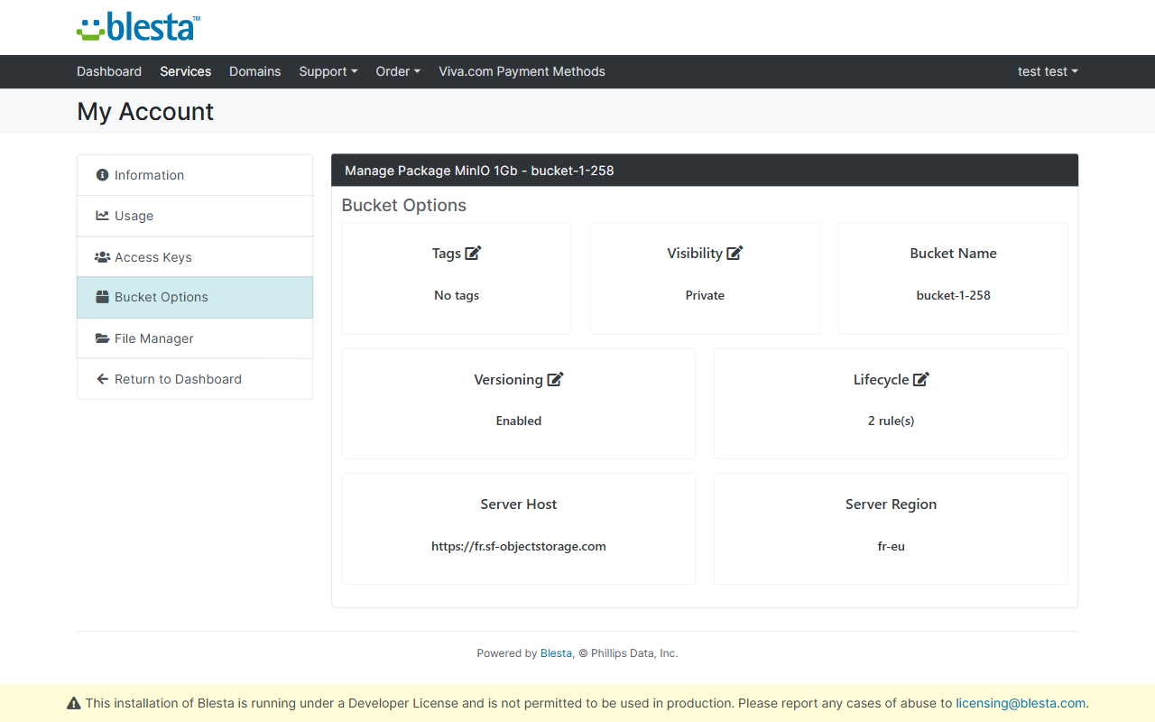 Client bucket options: tags, visibility, versioning, lifecycle rules and server region