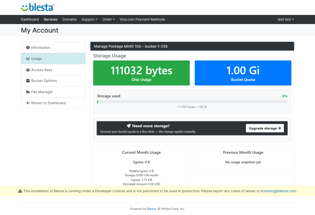 Blesta client area object storage usage and quota dashboard