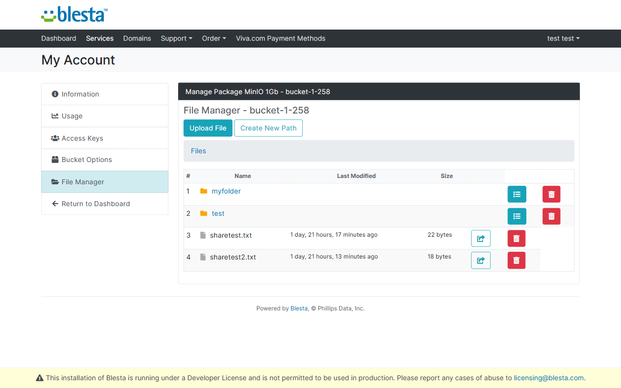 In-browser file manager: upload, browse folders and create share links