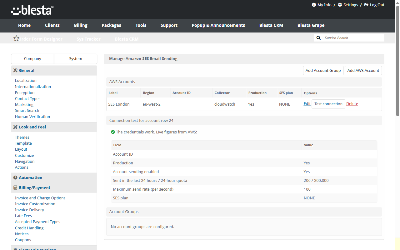 AWS account row in Blesta with the connection test result and the live SES quota
