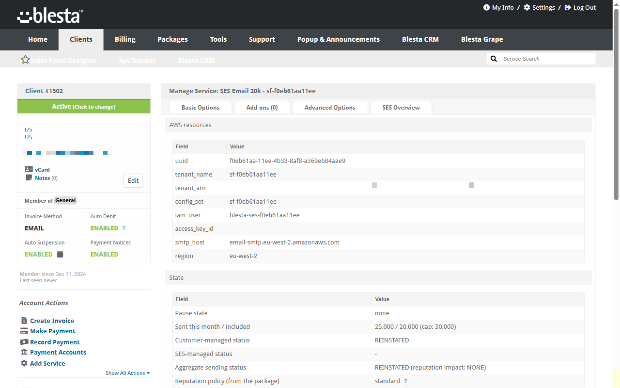 Staff SES Overview tab with the AWS resources, pause state, and sending status of a service