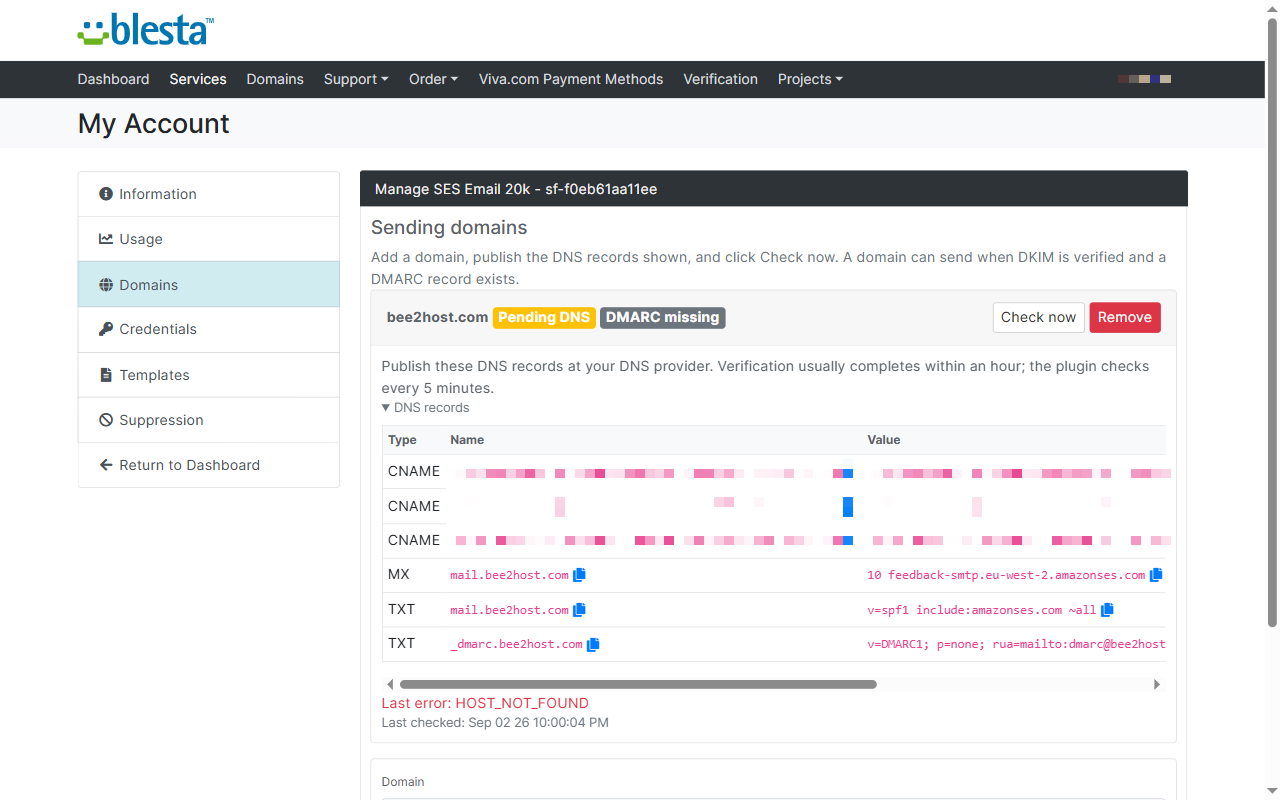Client Domains tab with a pending domain and the DKIM, MAIL FROM, and DMARC records to publish