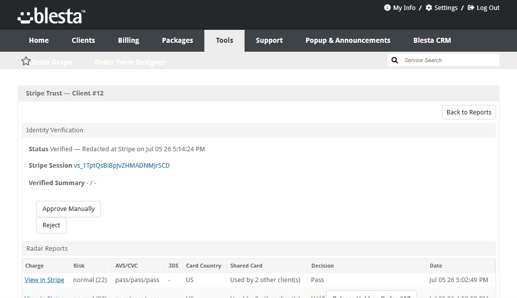 Per-client trust detail: Radar signals, checks and identity status