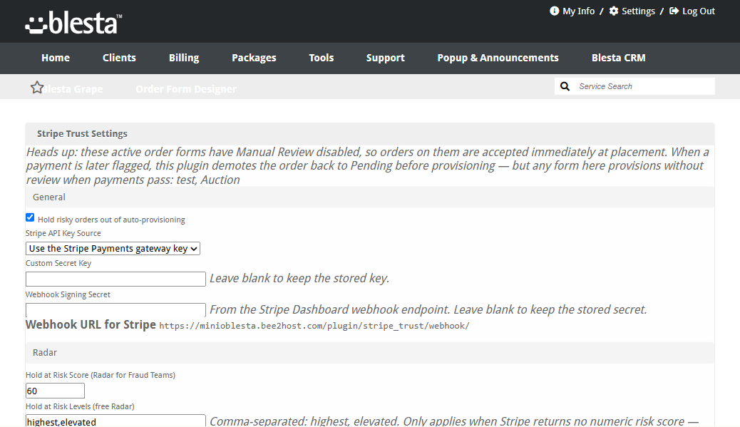 Stripe Trust settings — thresholds, identity and suspension rules