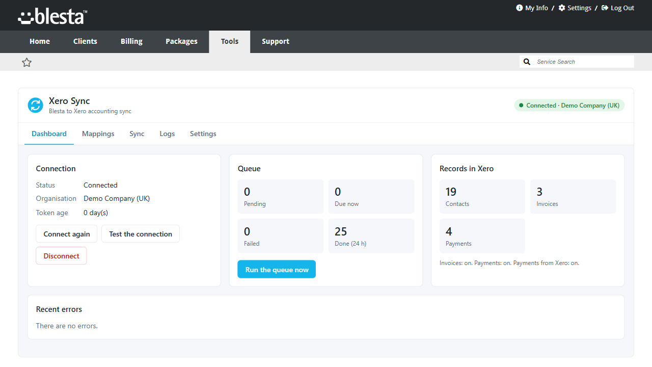 Xero Accounting Sync dashboard in Blesta
