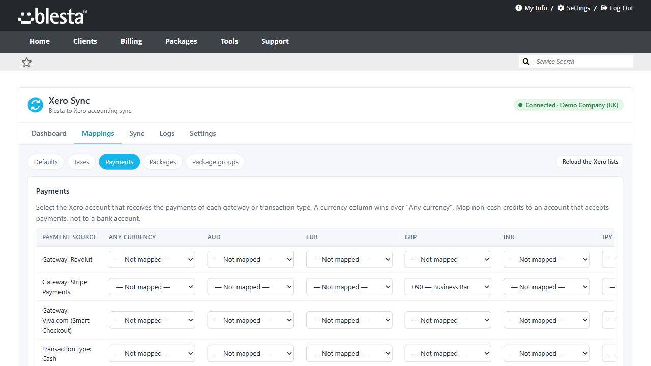 Payment accounts per gateway, transaction type and currency