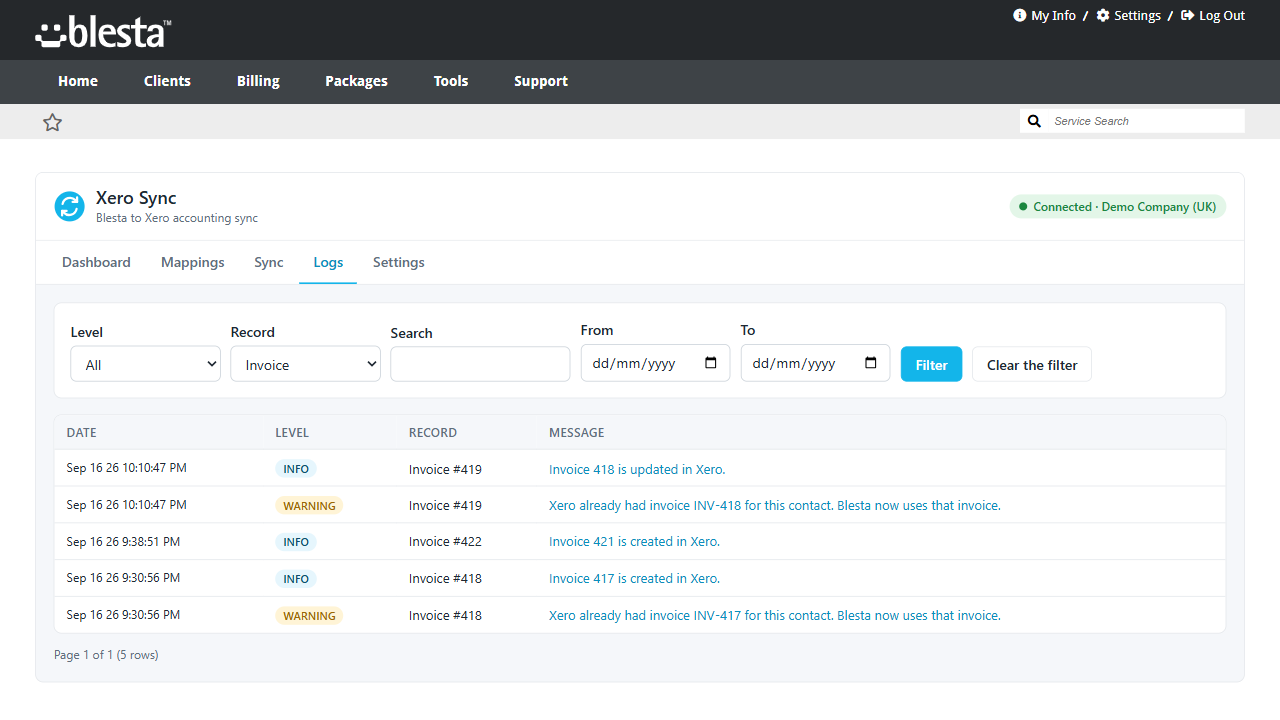 Filterable sync log