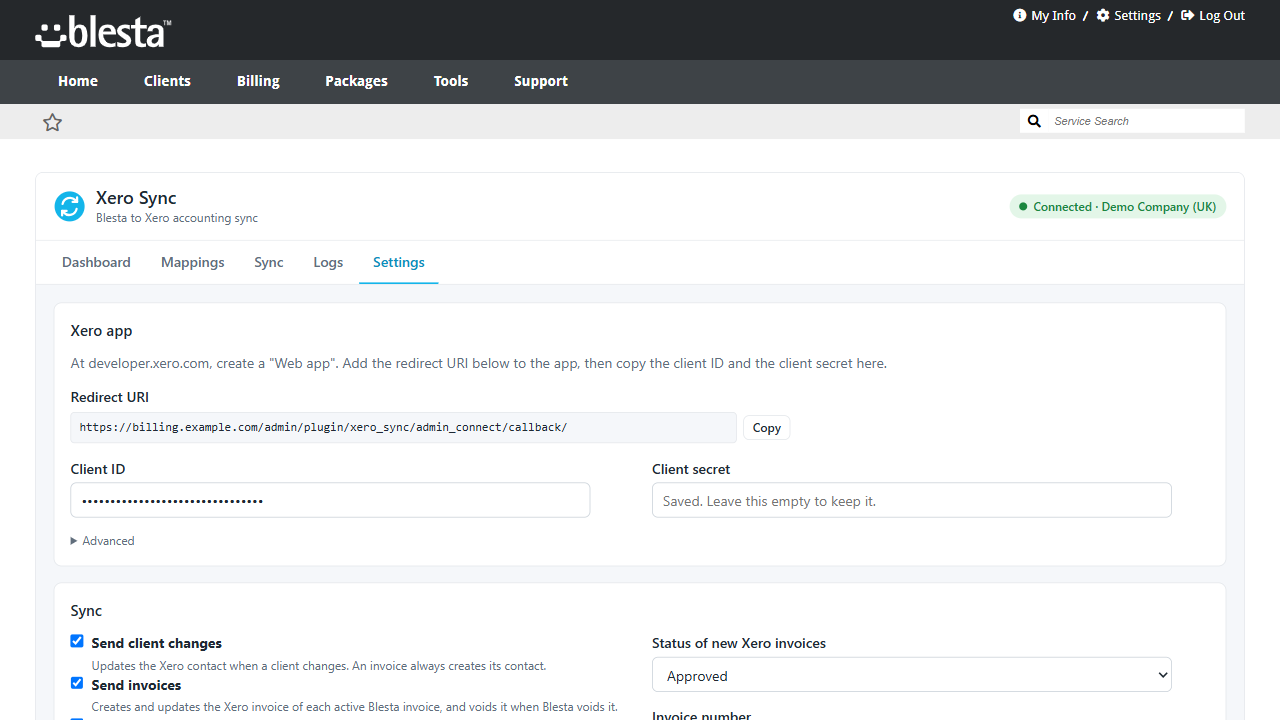 Xero app credentials and sync options
