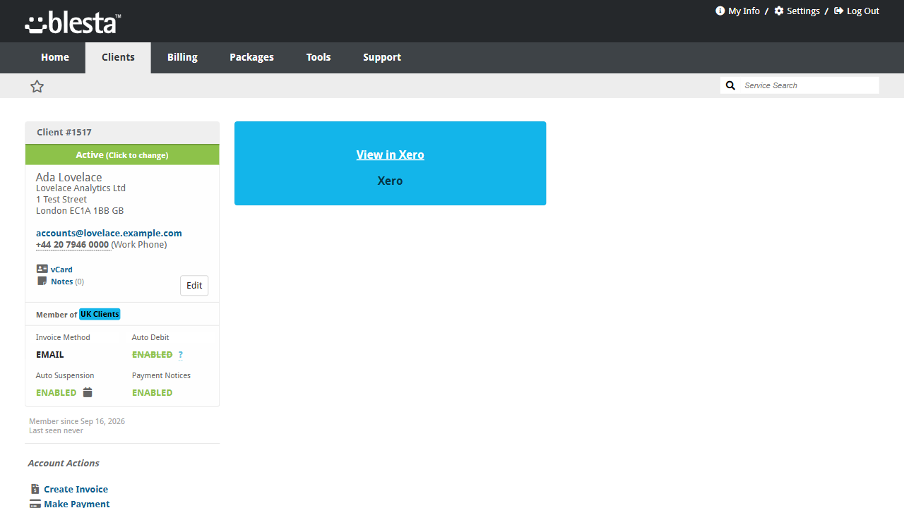 View in Xero card on the client profile