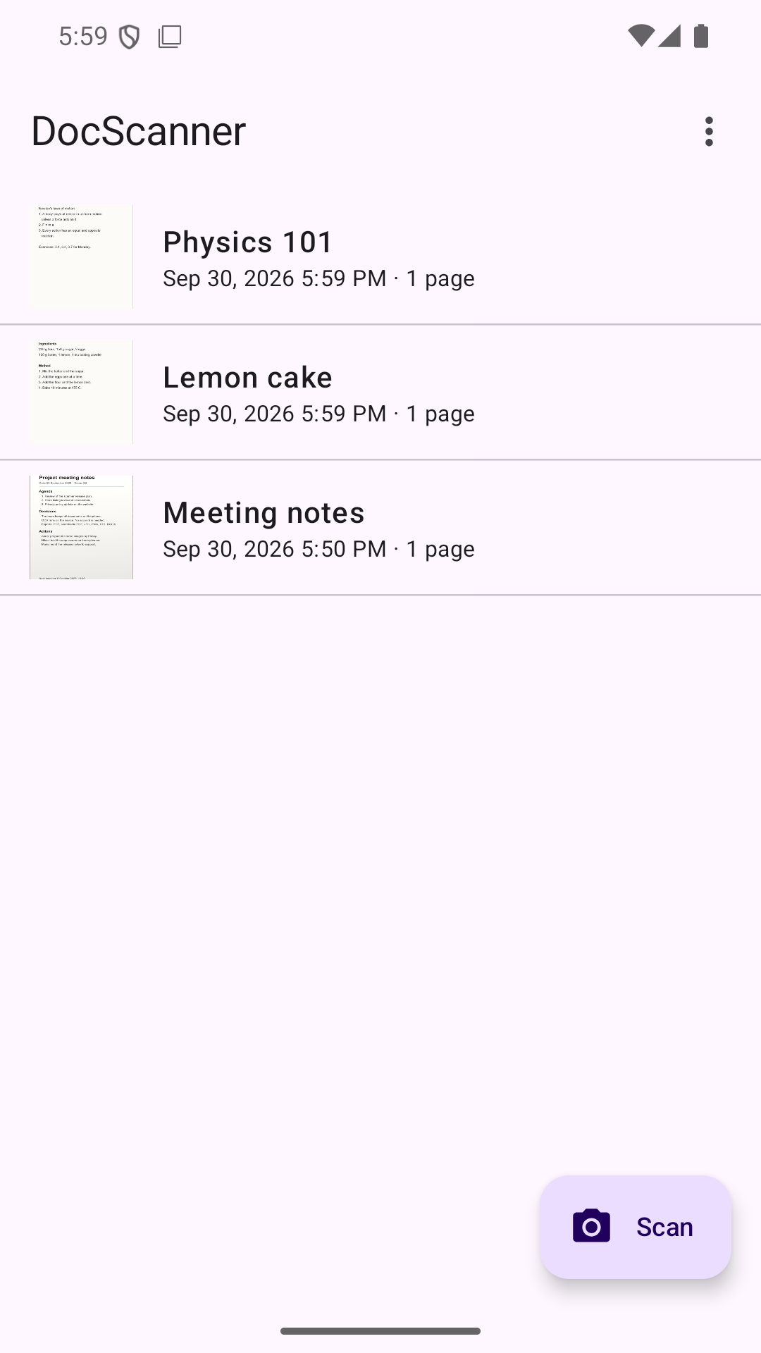 DocScanner document list with three documents, Physics 101, Lemon cake and Meeting notes, and the Scan button