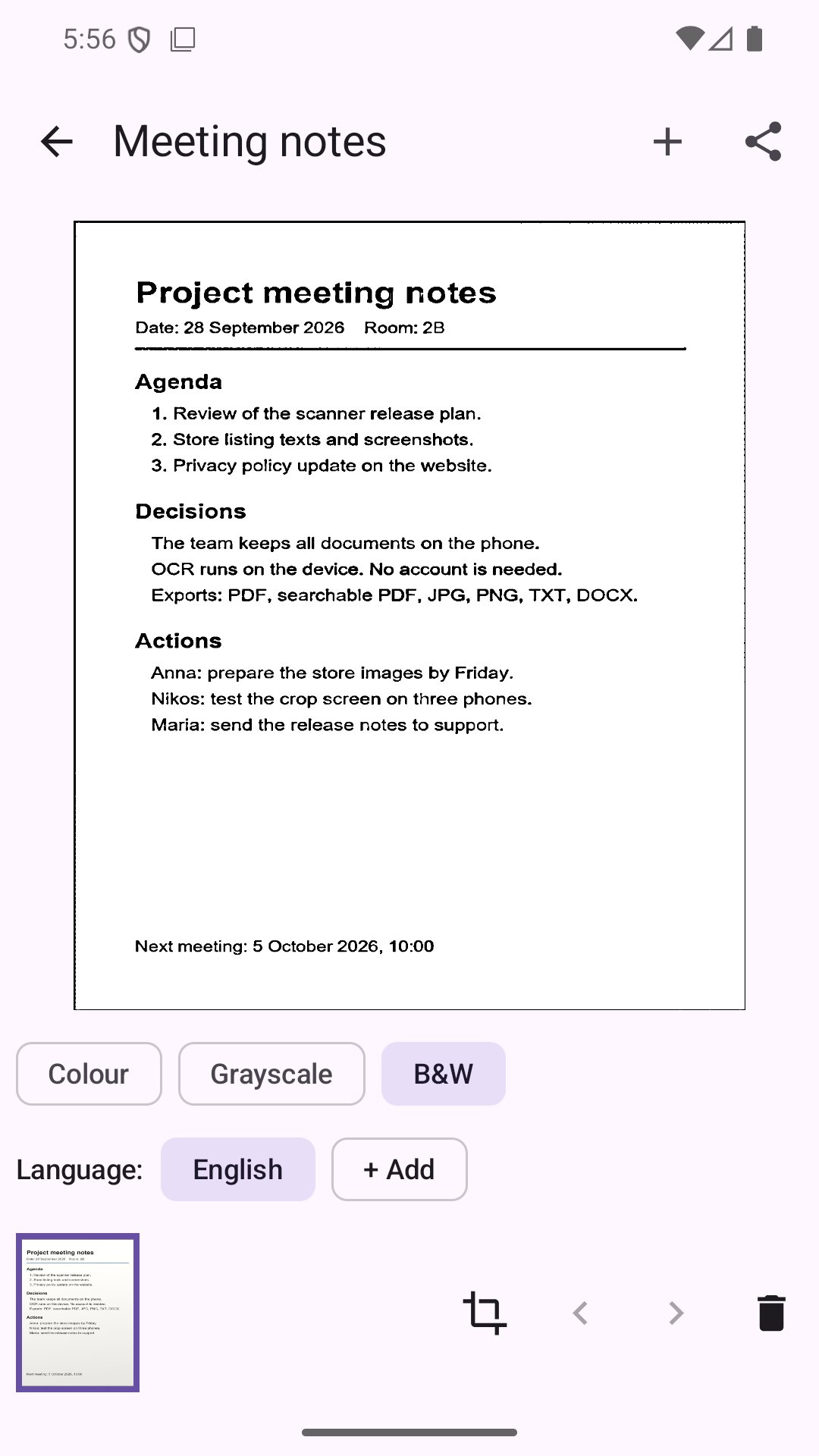 A scanned page of meeting notes with the Black & White filter: sharp black text on a white page, with the Colour, Grayscale and B&W buttons below