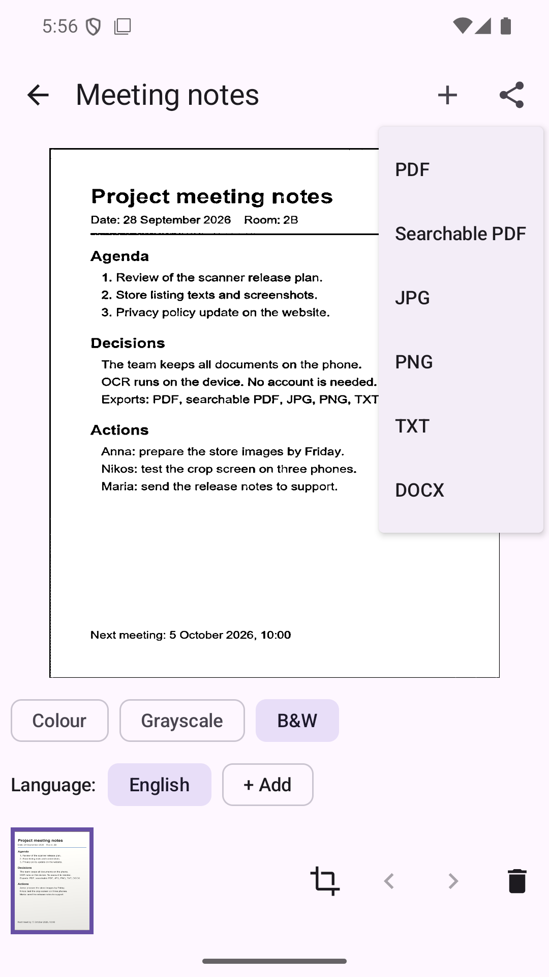 The share menu with PDF, Searchable PDF, JPG, PNG, TXT and DOCX