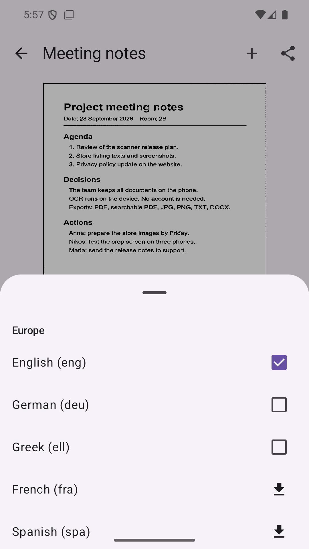 DocScanner OCR language list: English selected, German and Greek included, and download buttons for French and Spanish