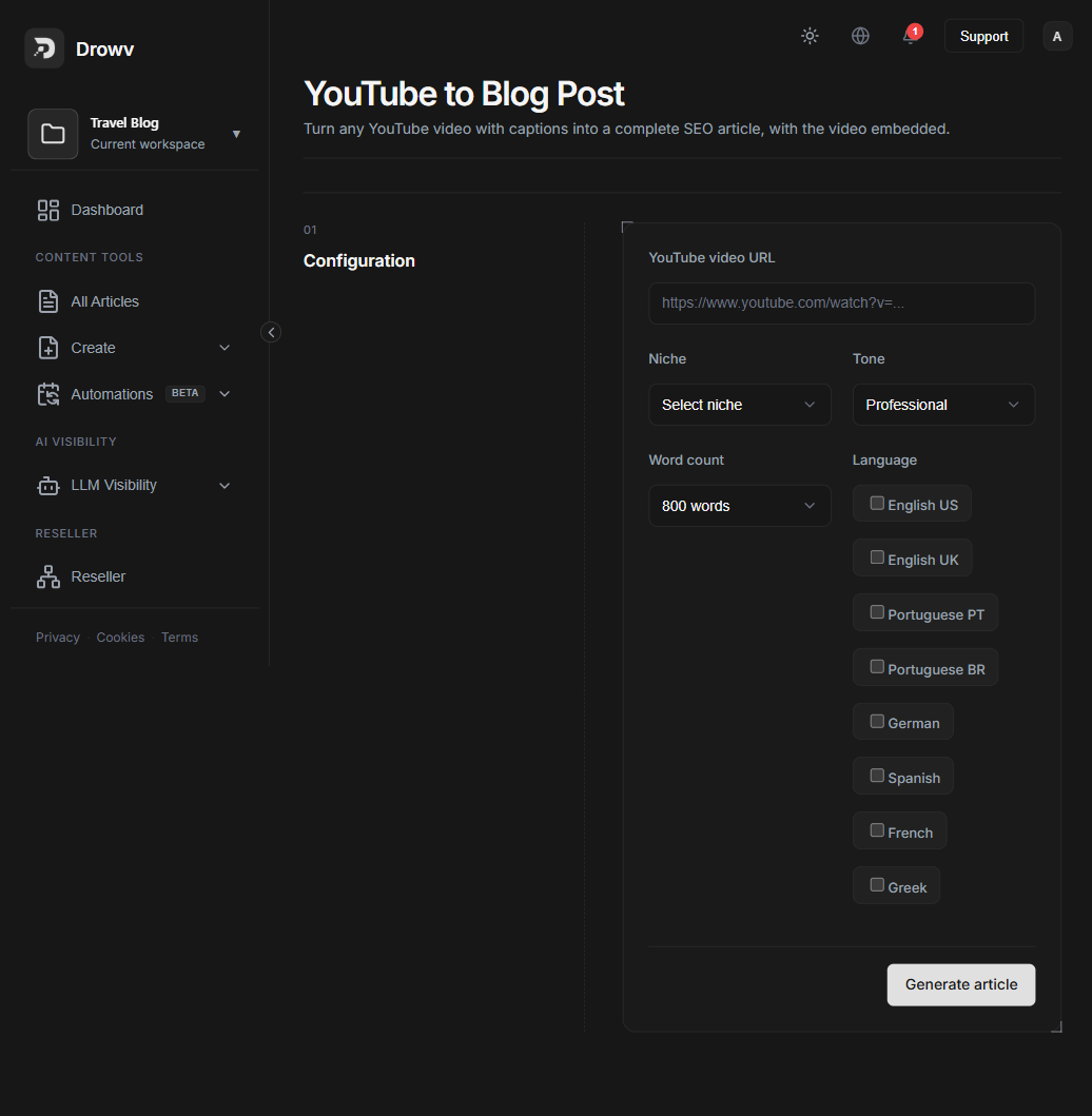 YouTube to Blog Post form that turns a captioned video into an SEO article