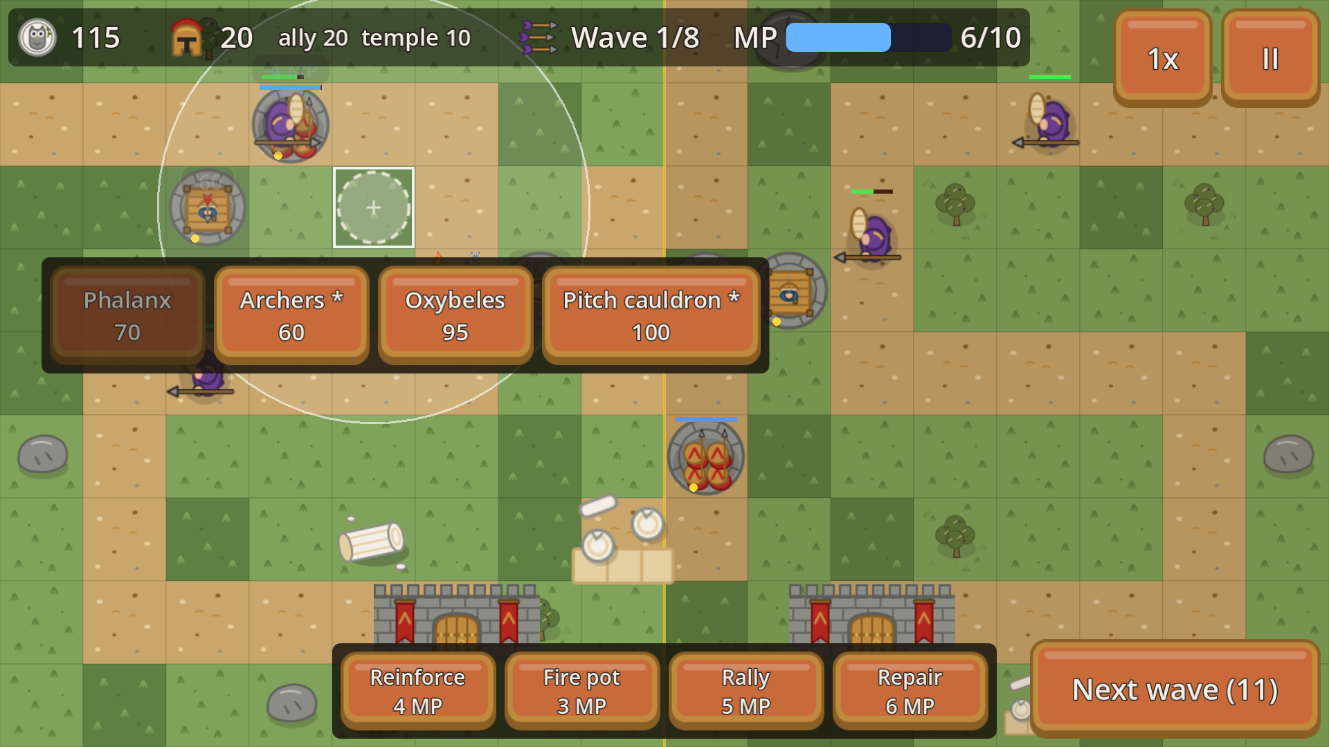 Allies map The twin gates: two gates with the temple between them, the MP bar at the top and the Reinforce, Fire pot, Rally and Repair buttons at the bottom
