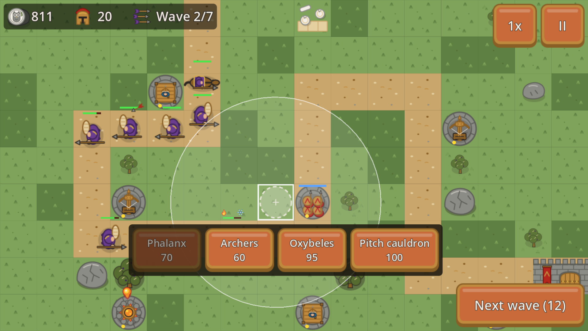 Hot Gates build menu with the Phalanx, Archers, Oxybeles and Pitch cauldron towers
