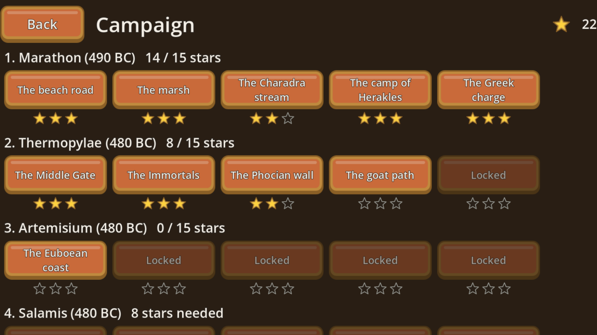 Campaign screen with the chapters Marathon, Thermopylae, Artemisium and Salamis