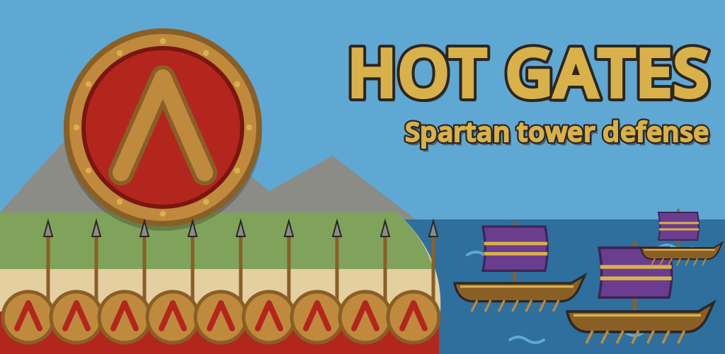 Hot Gates title art: a Spartan shield, a line of hoplites and Persian ships at sea