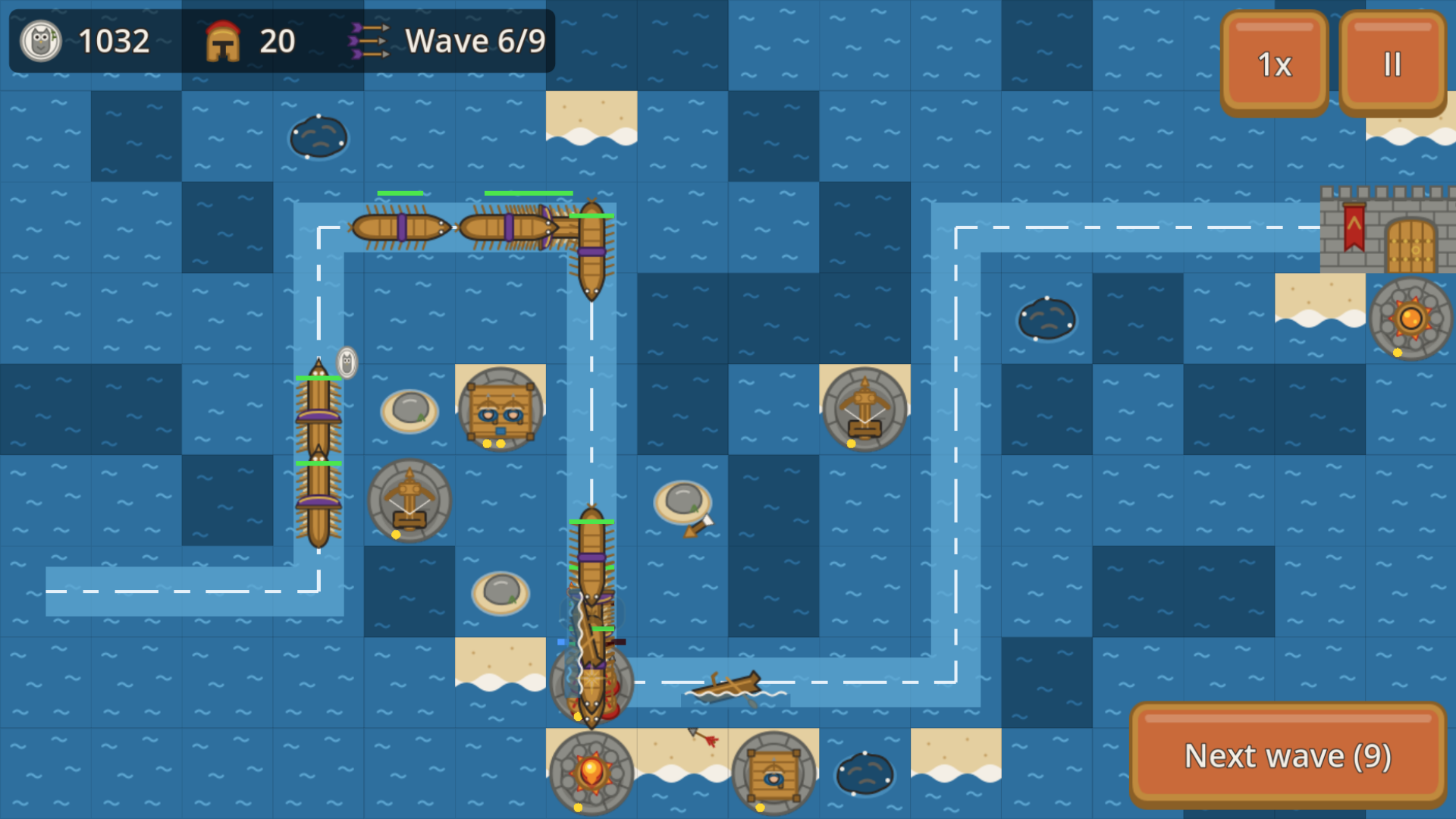 Sea map at Artemisium: Persian triremes row along a winding sea lane past towers on the shore and islets, one ship is a wreck