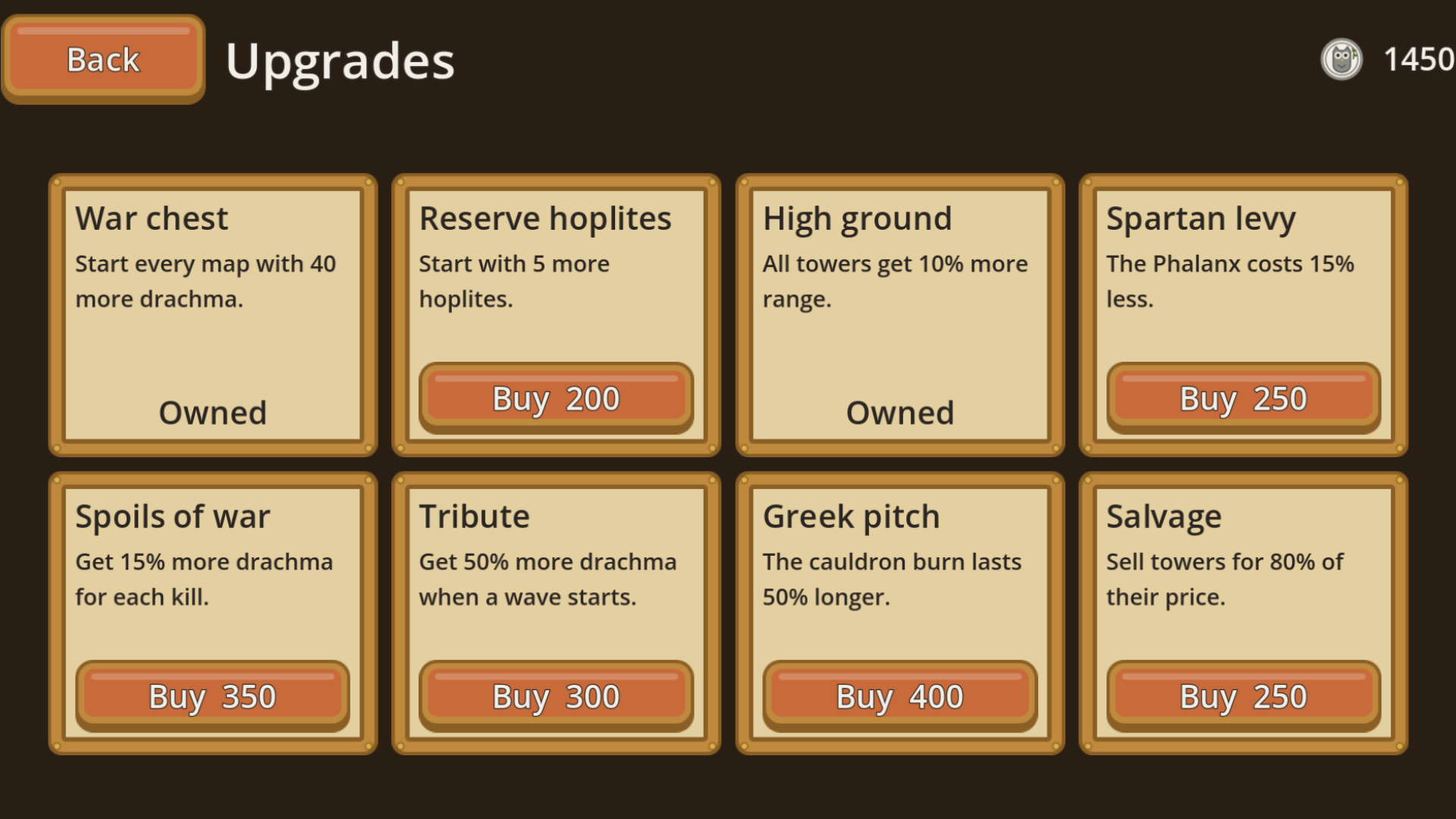 Hot Gates upgrades screen with War chest, Reserve hoplites, High ground and more