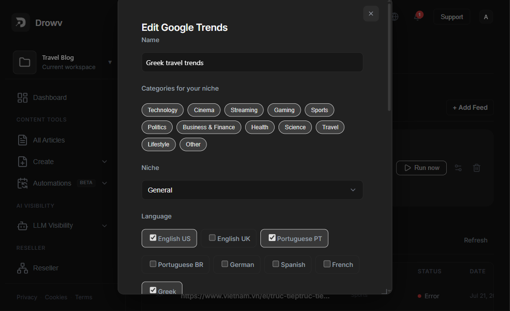 Drowv Google Trends feed settings with niche categories and languages