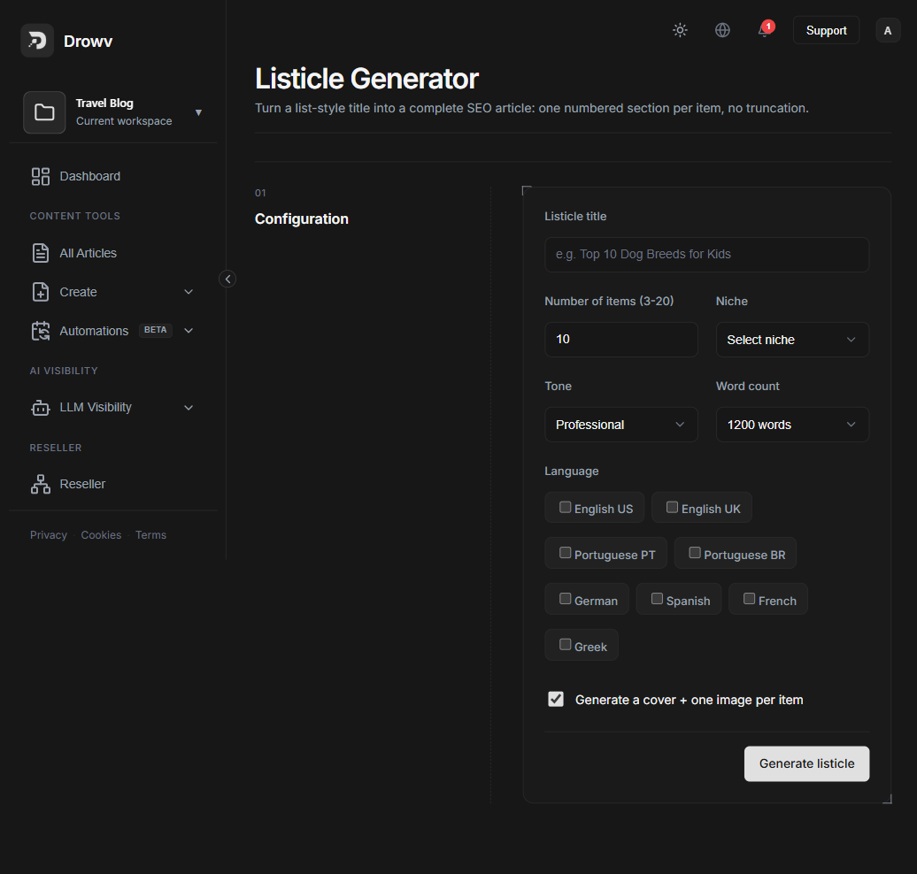 Drowv Listicle Generator with title, niche, tone, word count, and language options