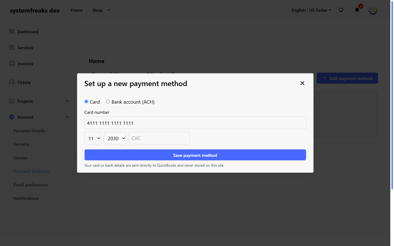 A Paymenter customer saves a card with QuickBooks Payments