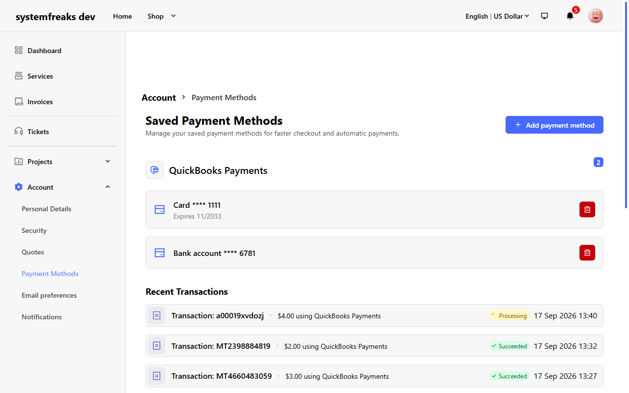 Saved cards and bank accounts in the Paymenter client area