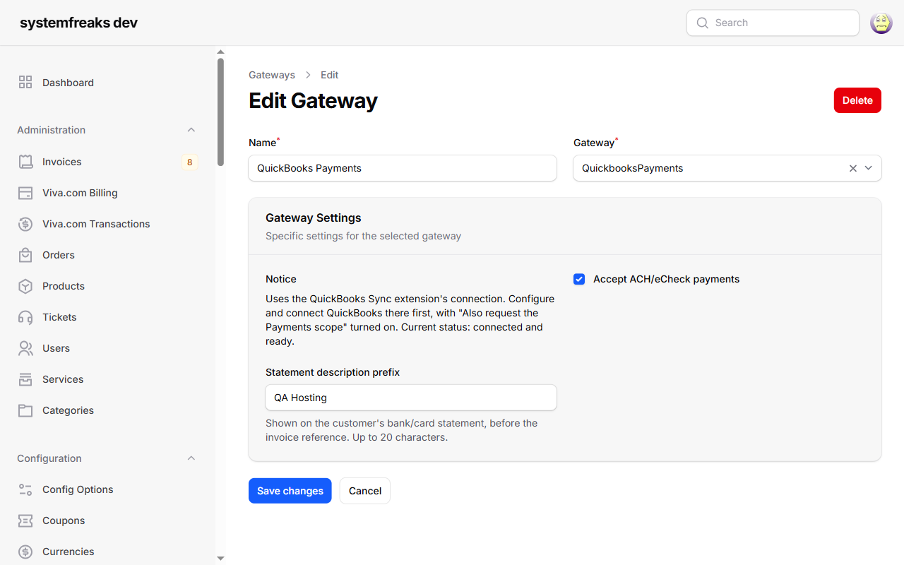 QuickBooks Payments gateway settings in the Paymenter admin panel