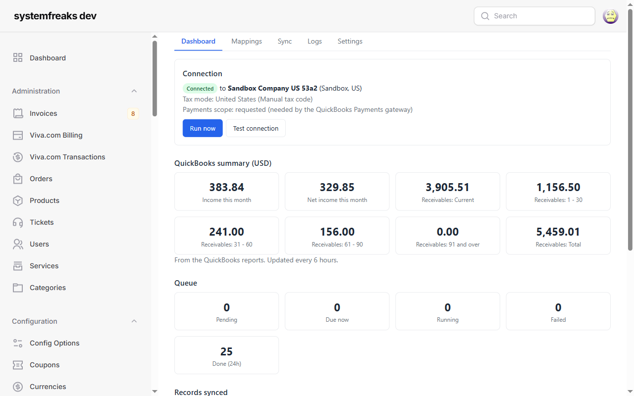 QuickBooks Sync dashboard in the Paymenter admin panel