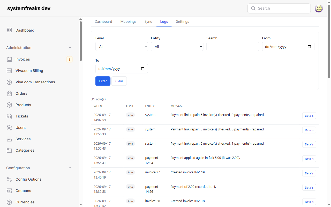 Filterable sync log