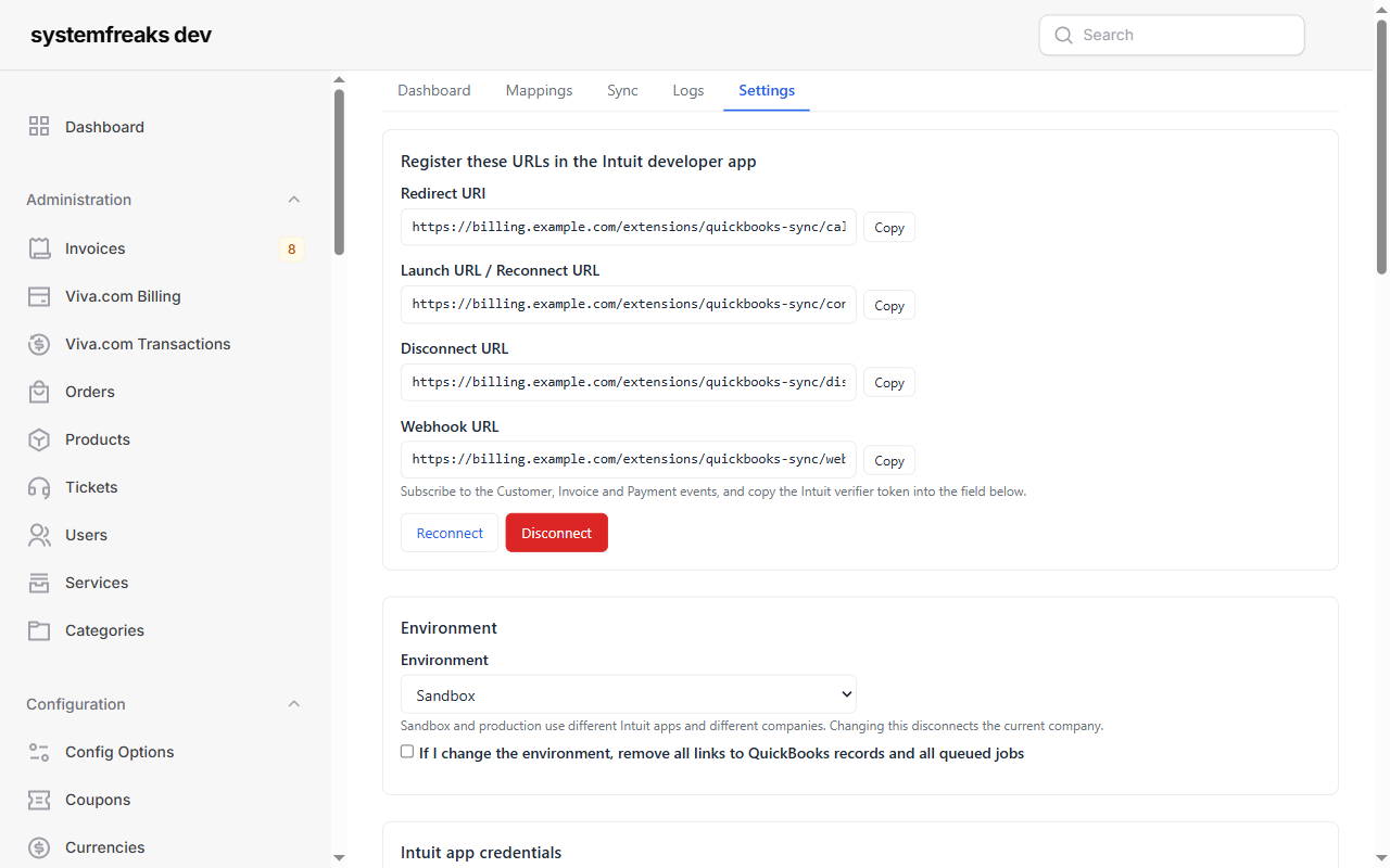 Intuit app URLs and connection settings