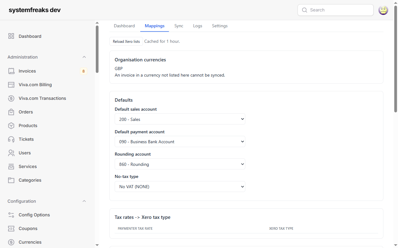 Paymenter taxes, gateways and products mapped to Xero
