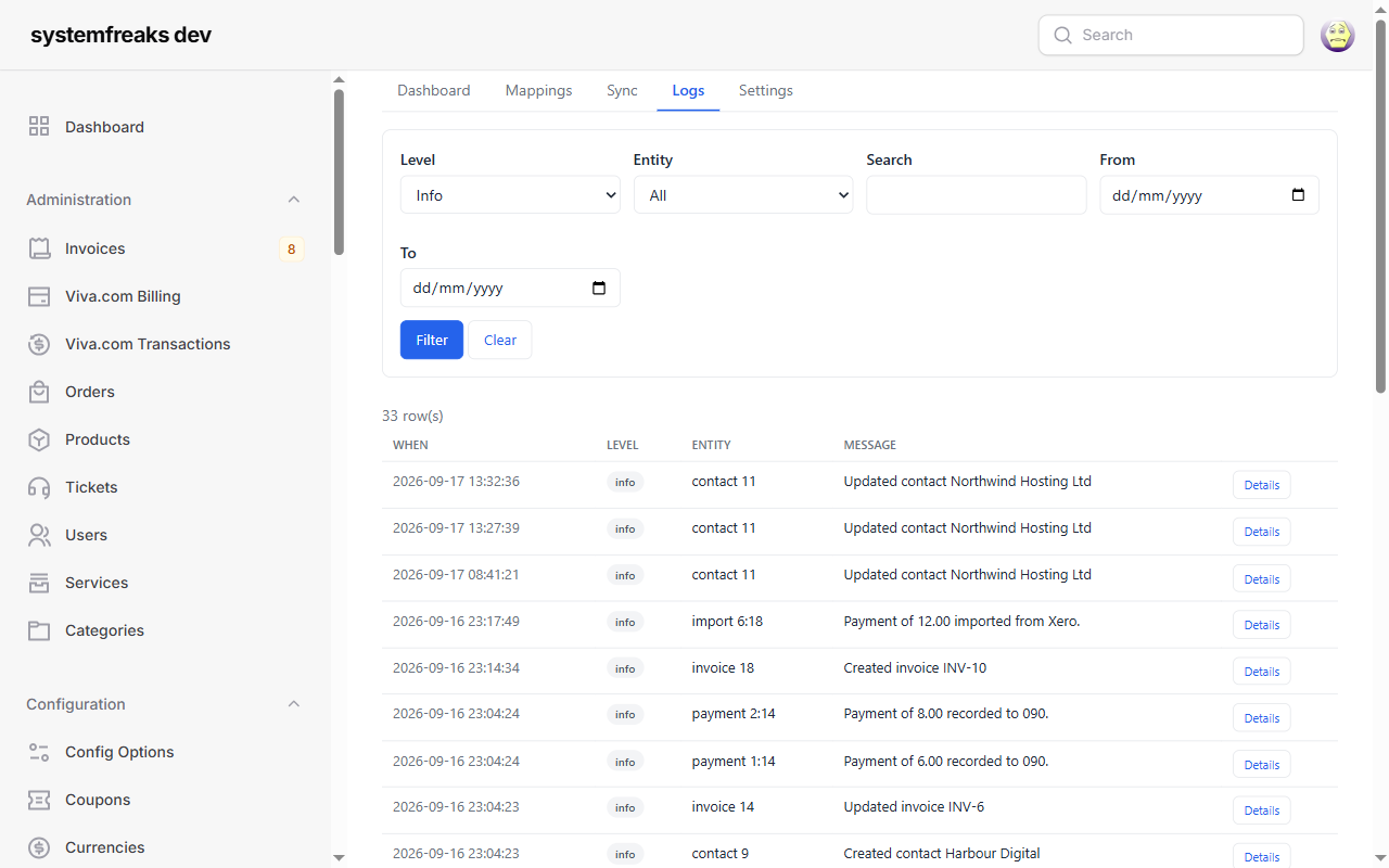 Filterable Xero sync log