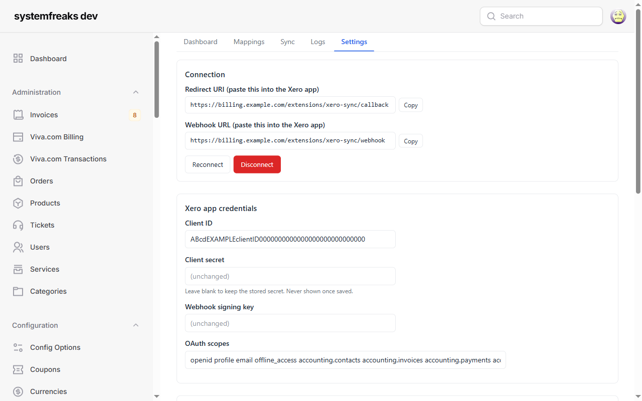 Xero app credentials, redirect URI and webhook URL
