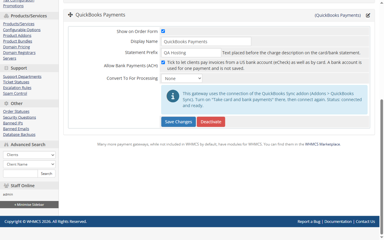 QuickBooks Payments gateway settings in WHMCS