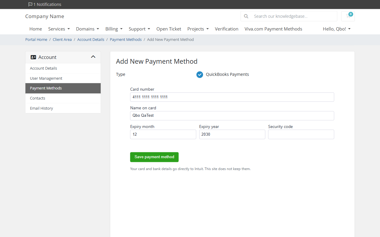 A WHMCS client adds a card through QuickBooks Payments