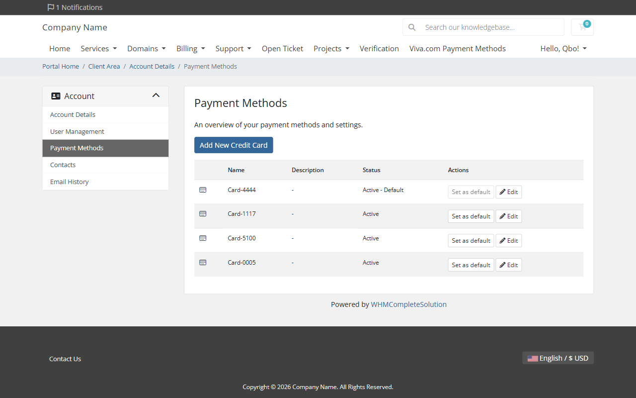 Saved QuickBooks Payments cards in the WHMCS client area