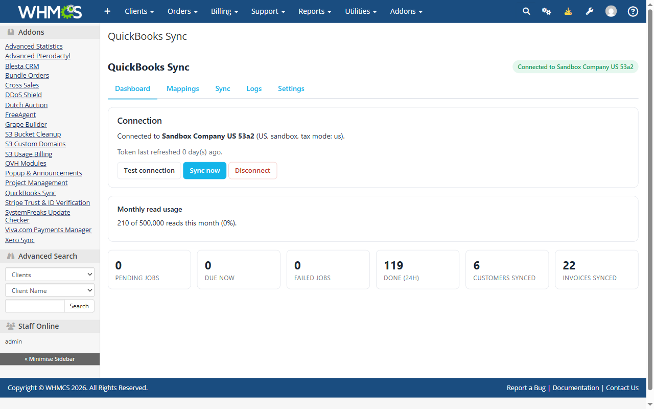 QuickBooks Sync addon dashboard in WHMCS