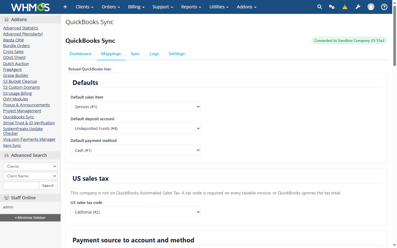 Default item, deposit account and US sales tax code