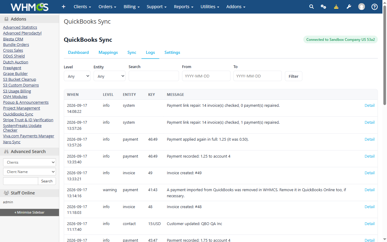 Filterable sync log
