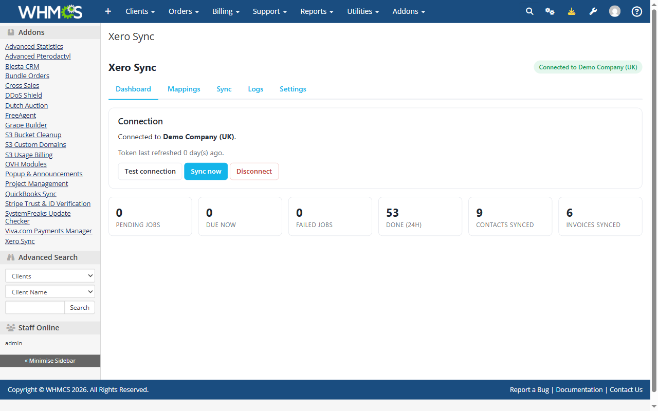 Xero Sync addon dashboard in WHMCS