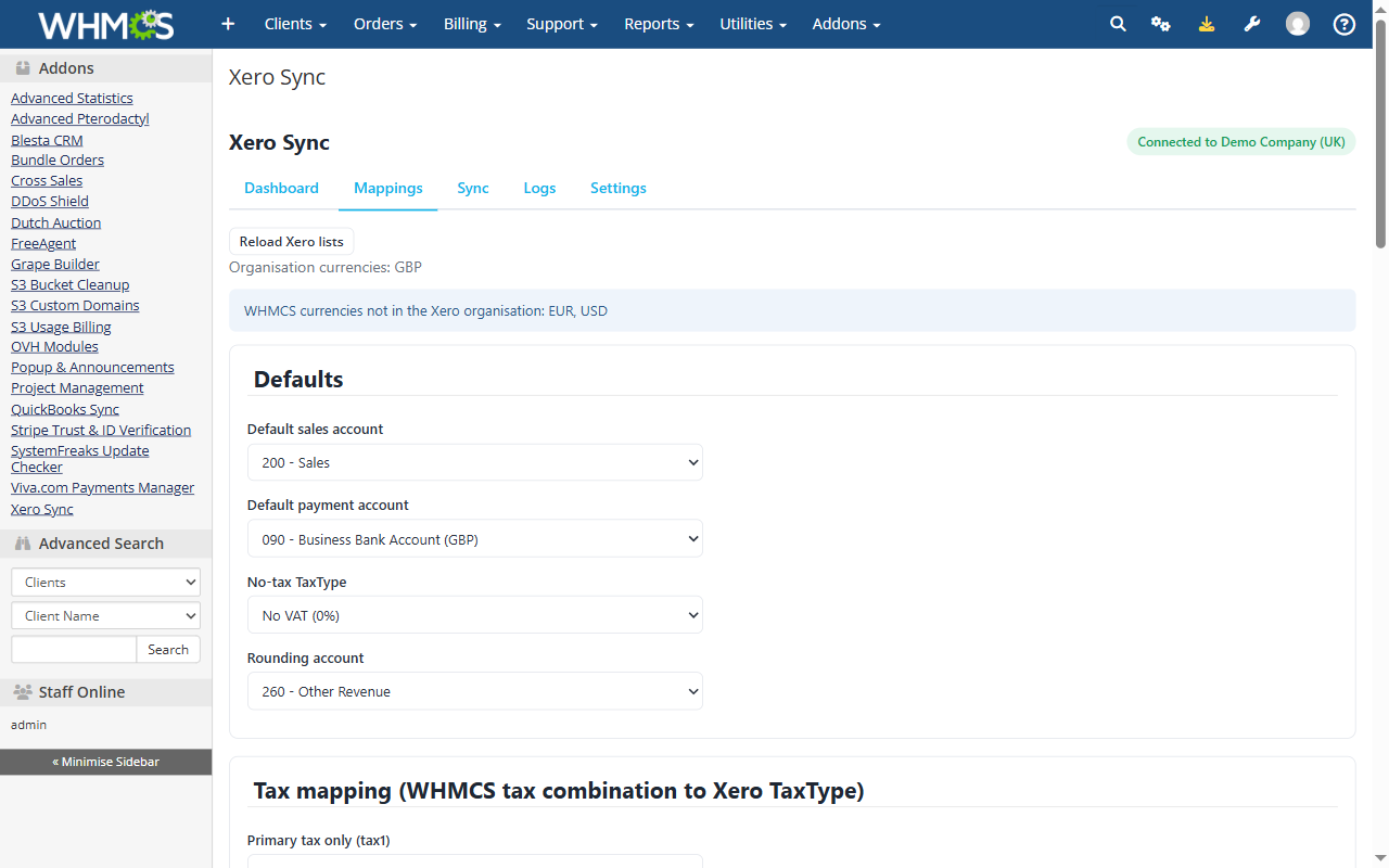 WHMCS taxes, gateways and products mapped to Xero