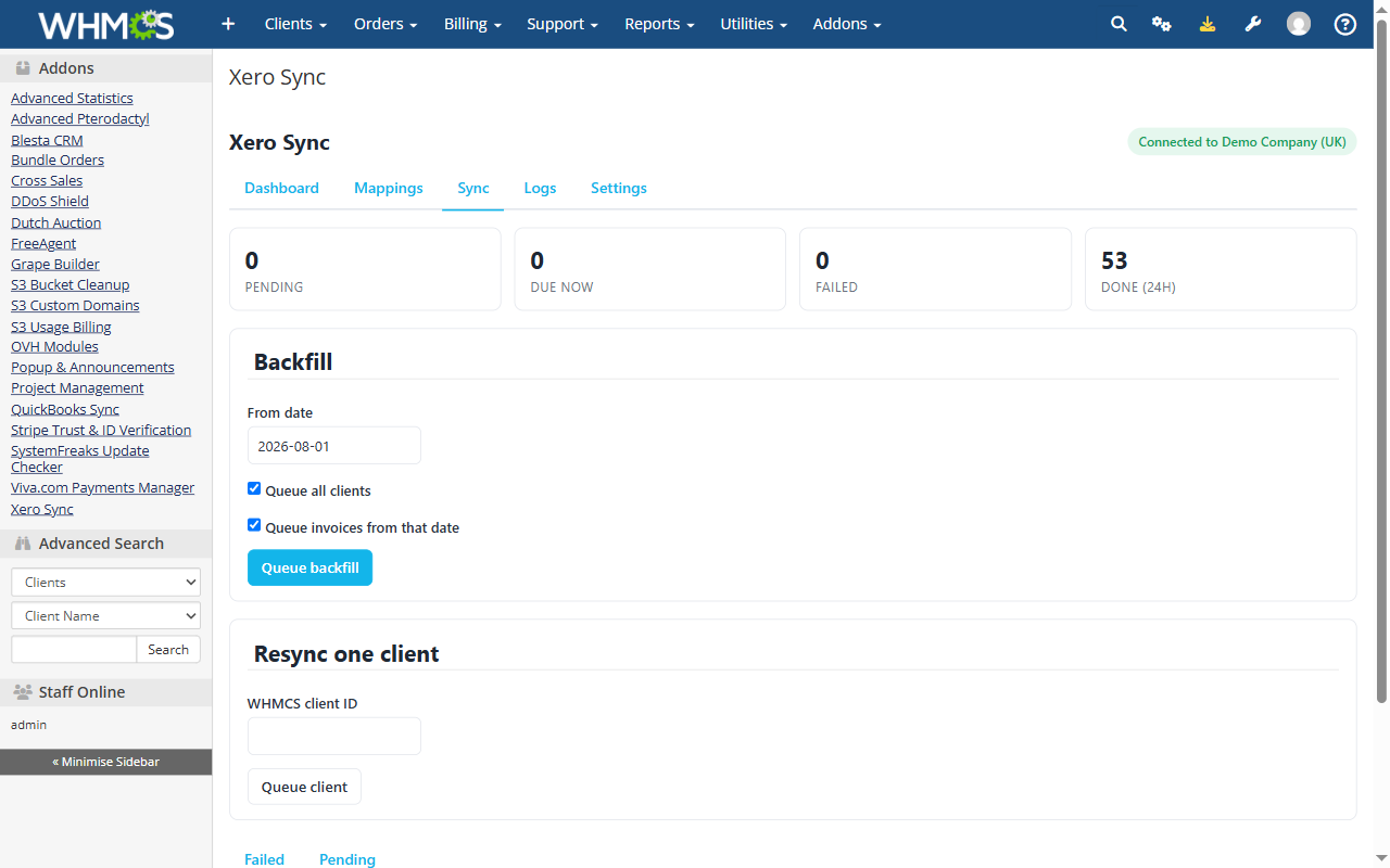 Backfill, resync one client and retry failed jobs