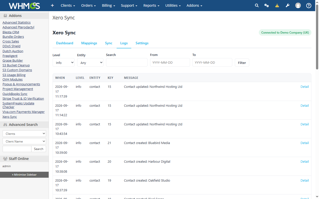 Filterable Xero sync log