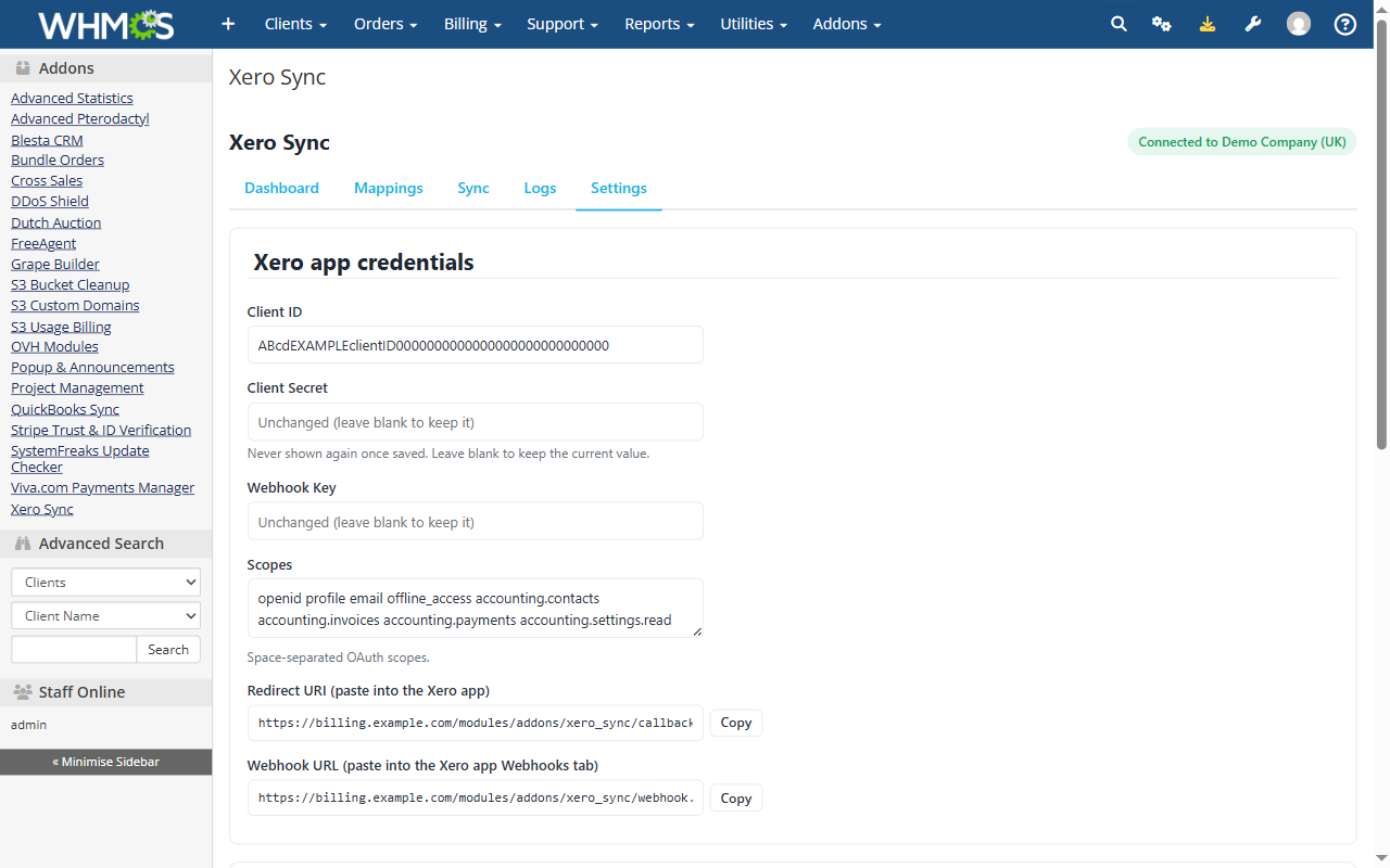 Xero app credentials, redirect URI and webhook URL